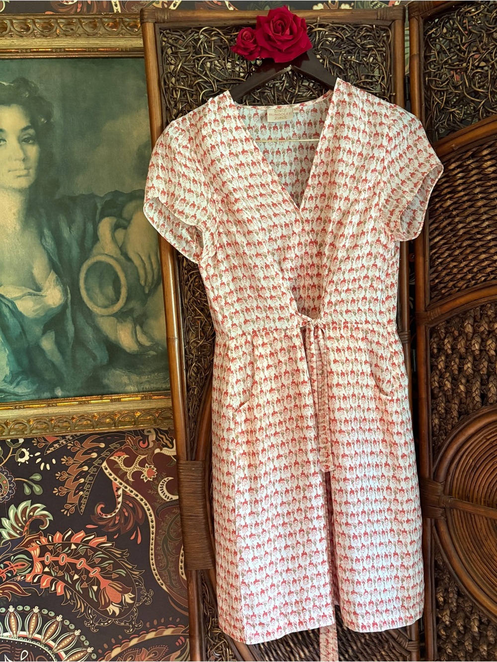 Rungolee Printed Wrap Dress XS Boho Artisan Midi Dress Pockets